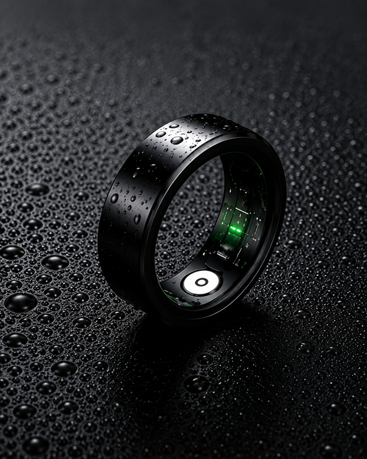El Vera Ring™ | Monitorea tu Salud 24/7 desde tu Dedo, un elegante anillo negro con luces verdes internas, se alza sobre una superficie negra mojada, destacando sus avanzadas funciones de análisis del sueño.
