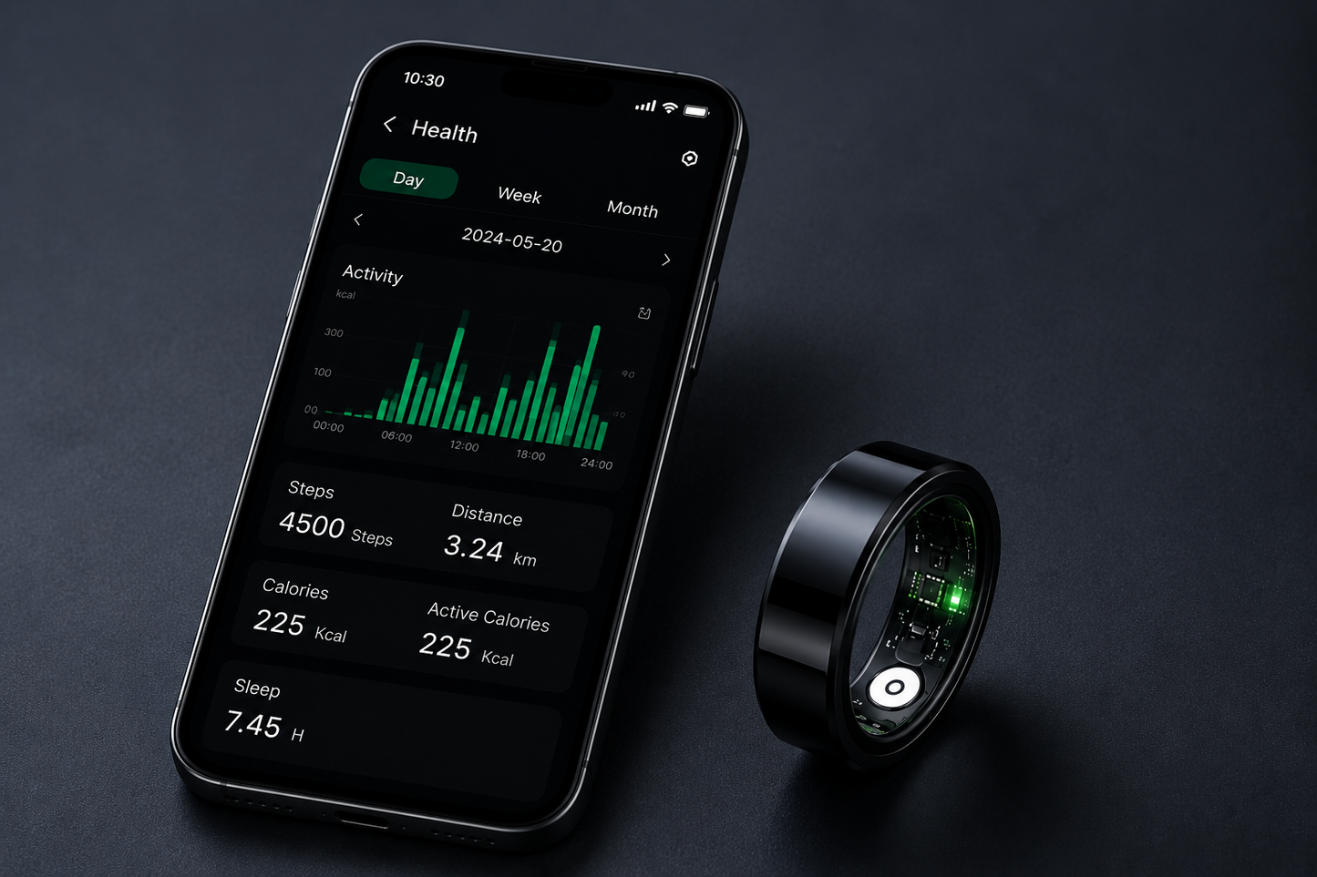 A smartphone displays a health app with steps, calories, distance, presión arterial y análisis del sueño for May 20, 2024, next to the modern black Vera Ring™ | Monitorea tu Salud 24/7 desde tu Dedo on a dark surface.