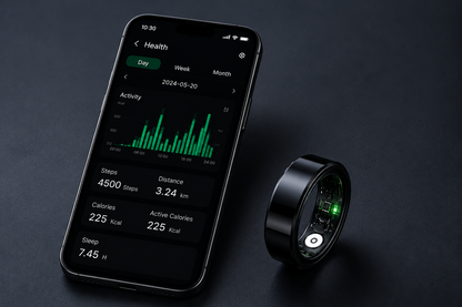 A smartphone displays a health app with steps, calories, distance, presión arterial y análisis del sueño for May 20, 2024, next to the modern black Vera Ring™ | Monitorea tu Salud 24/7 desde tu Dedo on a dark surface.