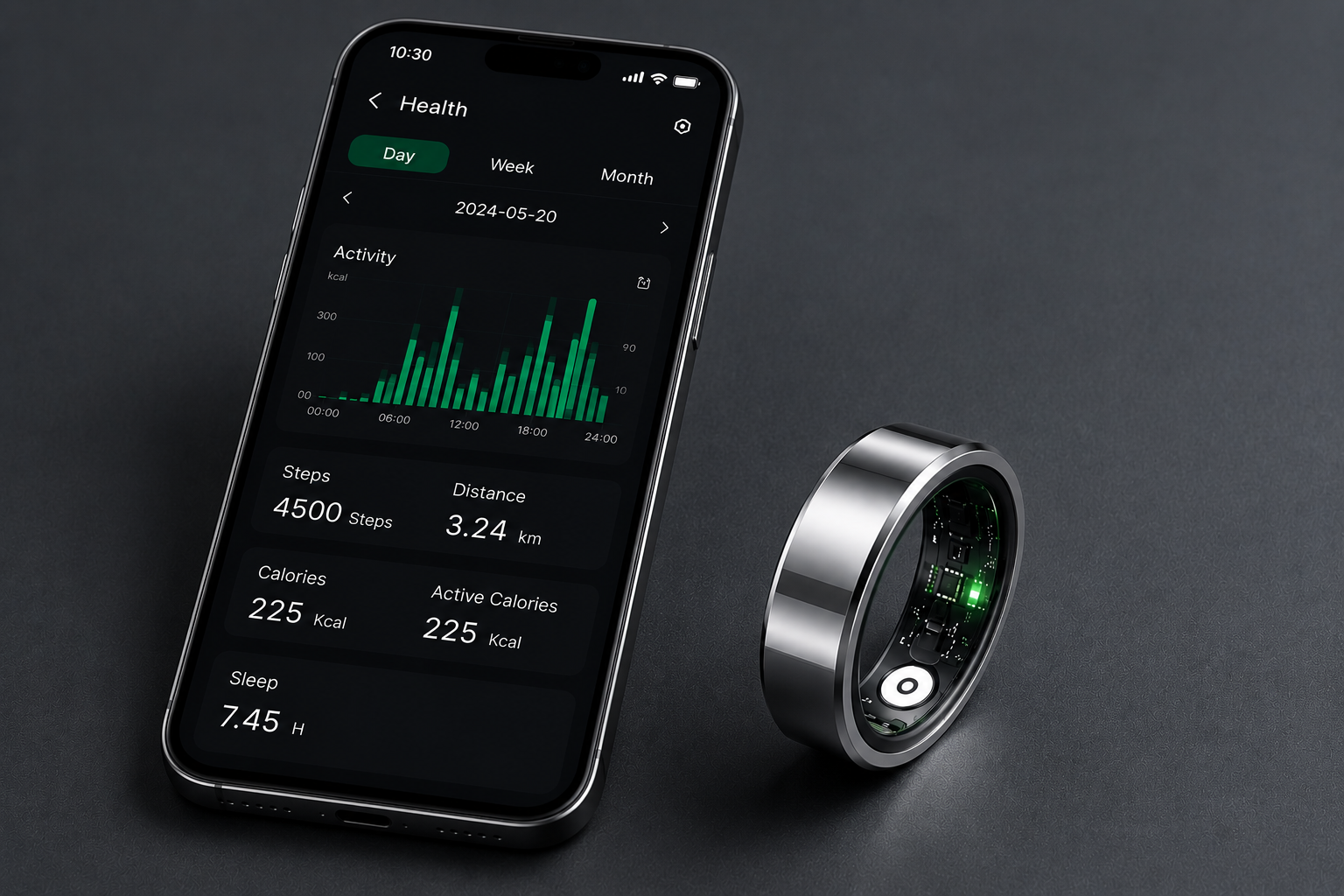 A smartphone displays health data next to a Vera Ring™ | Monitorea tu Salud 24/7 desde tu Dedo, showing visible sensors. The phone screen shows steps, distance, calories y análisis del sueño sobre una superficie oscura.