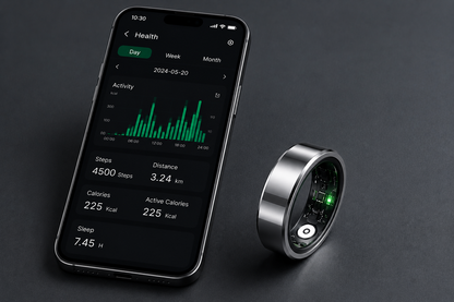 A smartphone displays health data next to a Vera Ring™ | Monitorea tu Salud 24/7 desde tu Dedo, showing visible sensors. The phone screen shows steps, distance, calories y análisis del sueño sobre una superficie oscura.
