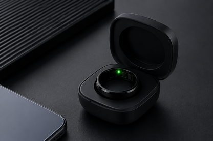 El Vera Ring™ descansa en su estuche de carga negro sobre una superficie oscura, junto a un smartphone y un objeto texturizado; ideal para el análisis del sueño y el monitoreo de la presión arterial, vigila tu salud 24/7 desde tu dedo.