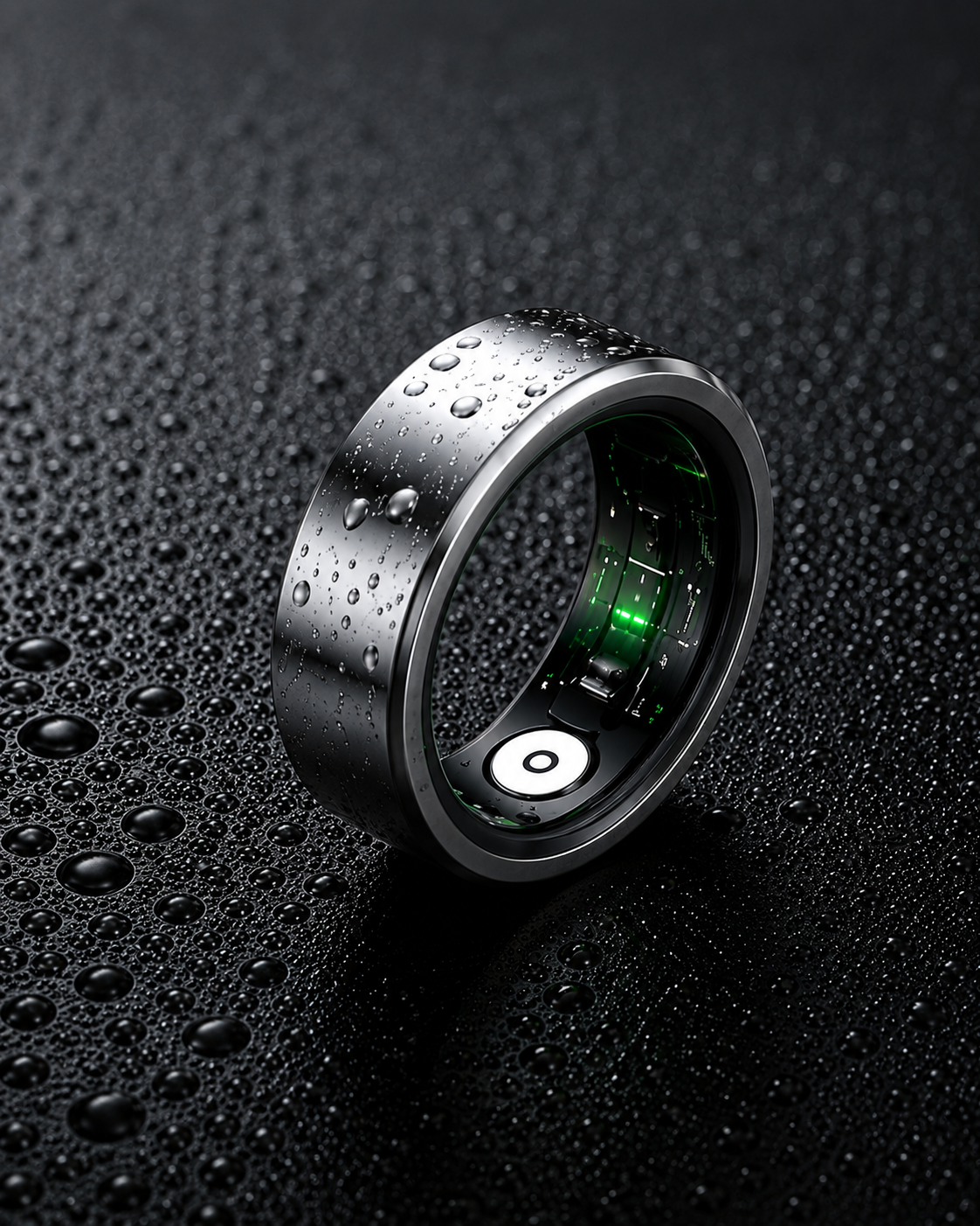 The Vera Ring™ | Monitorea tu Salud 24/7 desde tu Dedo stands upright on a wet, textured black surface, its green inner sensor glowing—suggesting advanced funciones como monitor de presión arterial y análisis del sueño.