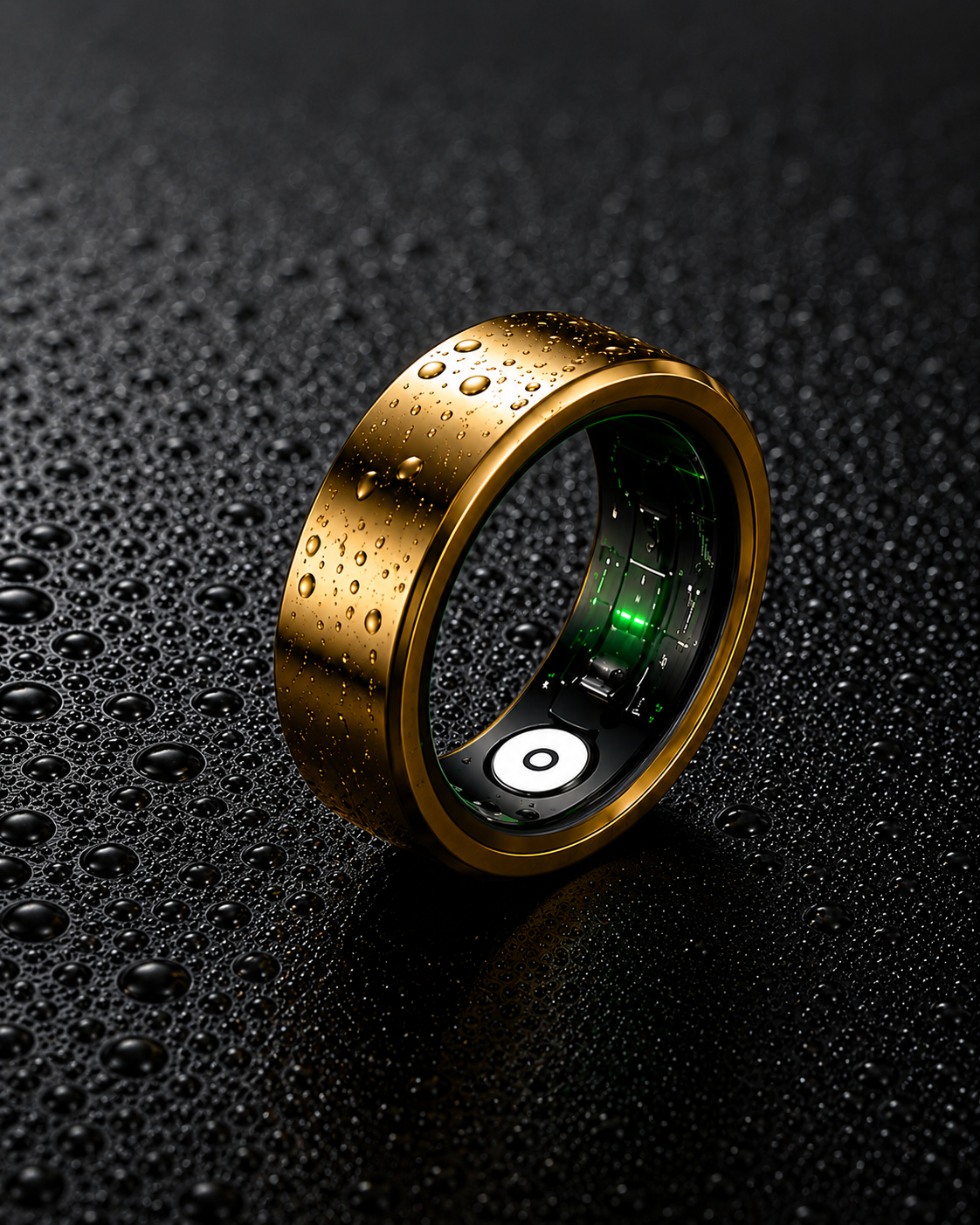 El Vera Ring™ | Monitorea tu Salud 24/7 desde tu Dedo, un anillo dorado inteligente con sensores electrónicos y luz verde interna, se apoya sobre una superficie negra húmeda, resaltando su tecnología para análisis del sueño y monitoreo de presión arterial.