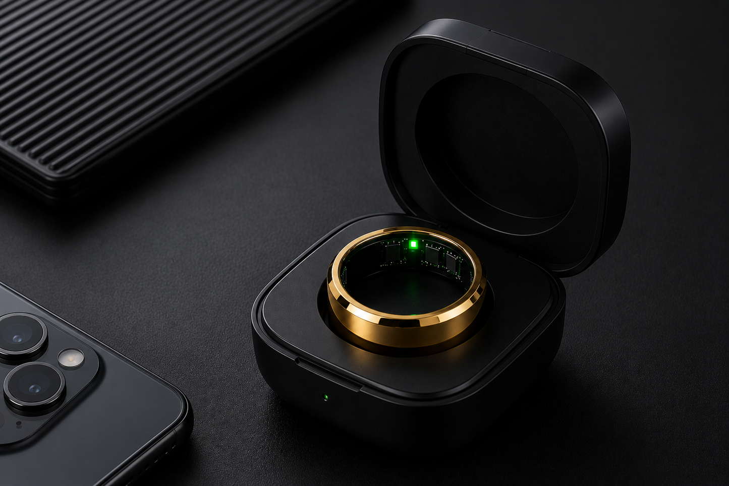 El Vera Ring™ dorado se muestra en su estuche de carga negro abierto, con luz verde encendida. A su lado hay un smartphone y un objeto negro, todo sobre fondo oscuro. Ideal para análisis avanzado del sueño y monitoreo 24/7.