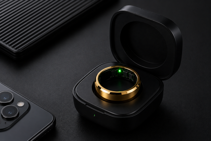 El Vera Ring™ dorado se muestra en su estuche de carga negro abierto, con luz verde encendida. A su lado hay un smartphone y un objeto negro, todo sobre fondo oscuro. Ideal para análisis avanzado del sueño y monitoreo 24/7.